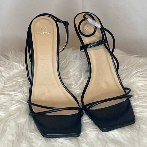H HALSTON Wizard Black Strappy Vegan Leather Clear Stiletto Heels Open Toe 6.5 - Picture 1 of 7